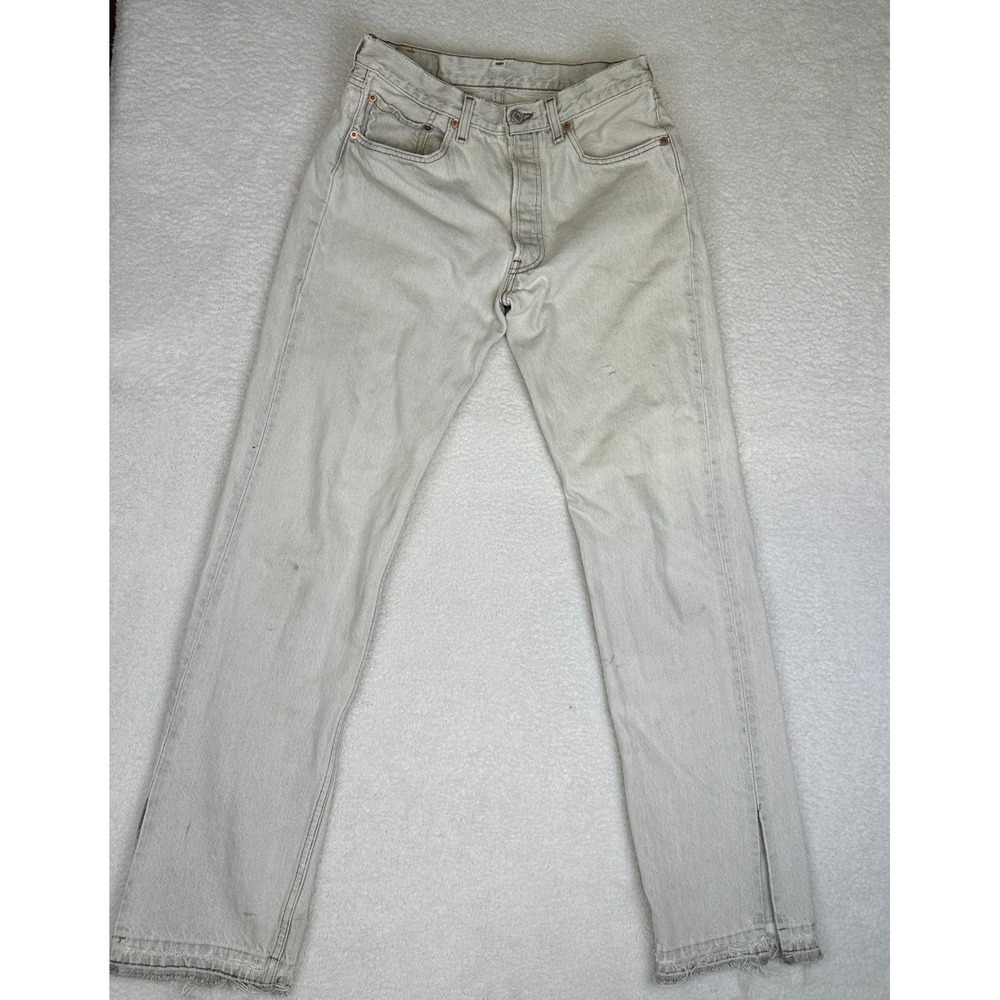 Levi's 501 Made in‎ USA Distressed Grey Wash Jeans W32 L34 Altered Raw Hem